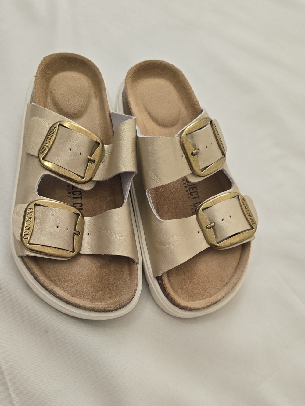 Adjustable Double-Buckle Slide Sandals in Taupe with Gold Buckles